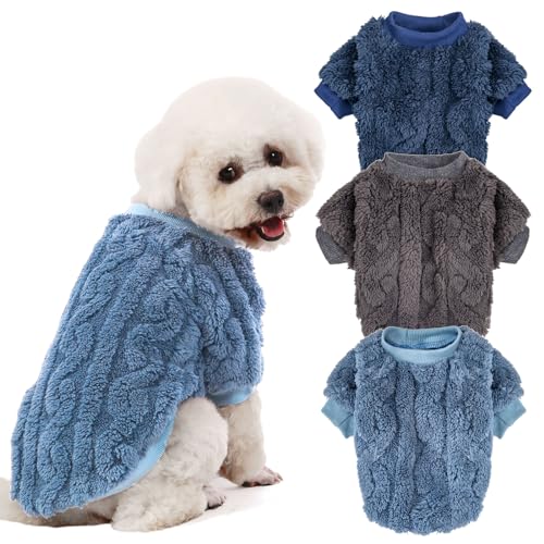 JAMPAYANG Hundepullover, 3er-Pack Hundepullover für kleine Hunde oder Katzen, Mädchen oder Jungen, warme Hundekleidung Hemdmantel für Winter Weihnachten (Blau, Dunkelblau, Grau, Small) von JAMPAYANG