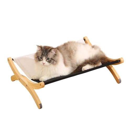 JAWNLITY Großes Katzenbett für Indoor-Katzen, aus Massivholz, erhöhtes Haustier-Hängemattenbett mit waschbarem Canvas-Bezug, stabile Schlafstange für Katzen, hält 18 kg von JAWNLITY