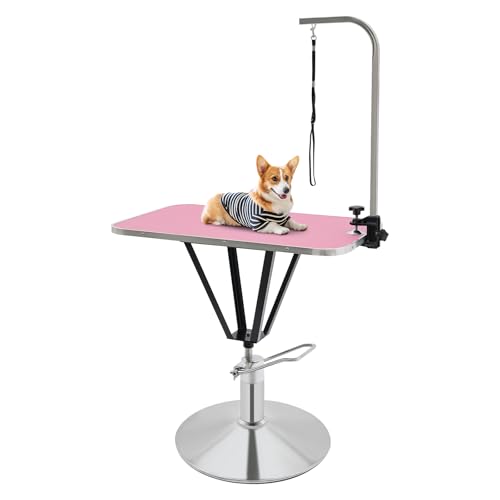 JAYEUW Trimmtisch Hydraulisch Schertisch für Hund&Katze 360 ° Drehbarer Tierpflegetisch, Hydraulisch Anhebbarer Haustierpflegetisch rutschfeste Tischplatte Edelstahl Rahmen (Rosa, Rechtwinklig) von JAYEUW