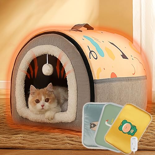 Beheiztes Katzenhaus Tragbare Beheizte Haustierhäuser, Elektrisch Beheizte Katzenhöhle mit Hängendem Plüsch Katzenspielzeug, Halbgeschlossener Deluxe Thermo Katzenunterschlupf (Size : L) von JAYWIS