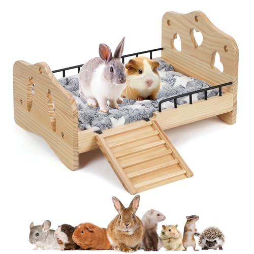 JAZUIHA Holz Meerschweinchen Bett mit Treppe und Matte, Kaninchenbett Kleintierbett mit Fleece Kissen Winter Warme für Kleintiere, Zwergkaninchen, Chinchillas, Hamster, Frettchen und Igel von JAZUIHA