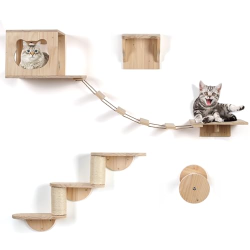 JAZUIHA Katzen Kletterwand Set XXL, 4 Teiliges Holz Katzenkletterwand Set inkl. Katzenhöhle Hängebrücke Katzentreppe Sisalsäule & Kletterschritte, Katzenwandmöbel-Set Wandpark für Hauskatze von JAZUIHA