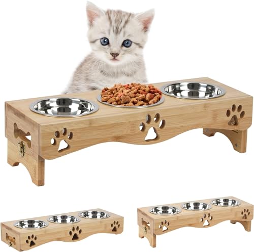 JAZUIHA Katzenfutternapf-Set, Edelstahl, erhöhte Futternäpfe mit Holzständer, verstellbare Höhen, Katzenfutterstation mit 3 Näpfen für Futter und Wasser (Holzfarbe) von JAZUIHA