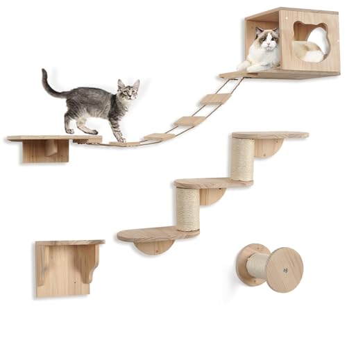 JAZUIHA Katzen Kletterwand Set XXL - Katzenkletterwand 6-TLG inkl. Katzenhöhle Hängebrücke Liegebrett Katzentreppe Sisalsäule & Kletterschritte, Wandpark für Hauskatze zum Klettern & Entspannen von JAZUIHA