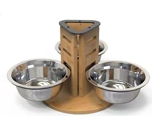 JAZUIHA Katzennapf 3er Set, Erhöhte Futterstation für Katzen & kleine Hunde, Futternapf höhenverstellbar mit Holzständer, 3 Edelstahl-Näpfe 350ml, 3-Seitiges Design für stressfreie Gruppenfütterung von JAZUIHA