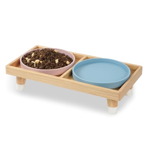 JAZUIHA Katzennapf Flach Erhöht 2er Set, Fressnapf und Wassernapf Napfset für Katzen, 2 Silikonschalen D18 cm mit Holzständer, Katze Futterschale Futterstation von JAZUIHA