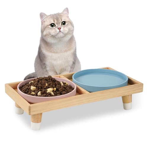 Katzennapf Flach Erhöht 2er Set, Fressnapf und Wassernapf im Katzen Napfset für Katzen, 2 Silikonschalen 18 cm Durchmesser mit Holzständer, Katze Futterschale Futterstation von JAZUIHA