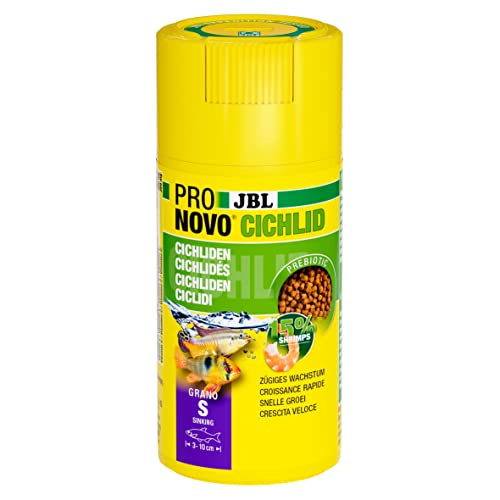 JBL PRONOVO CICHLID GRANO, Hauptfutter für kleine Buntbarsche von 3-10 cm, Klickdosierer, Fischfutter-Granulat, Größe S, 100 ml von JBL