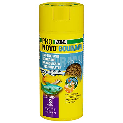 JBL PRONOVO GOURAMI GRANO, Hauptfutter für Guramis, Fadenfische und Labyrinther von 3-10 cm, Fischfutter-Granulat, Klickdosierer, Größe S, 250 ml von JBL