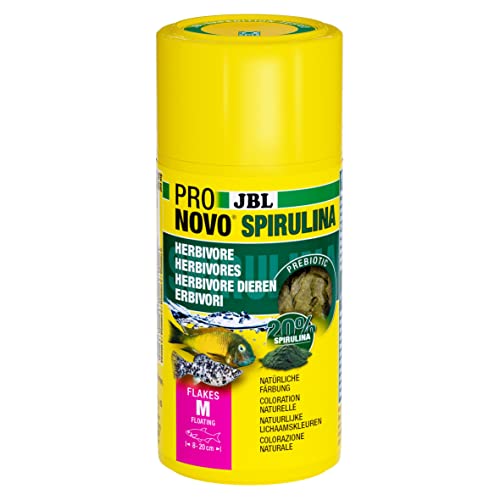 JBL PRONOVO SPIRULINA FLAKES, Grünfutter für alle Aquarienfische von 8-20 cm, Fischfutter-Flocken, Größe M, 100 ml von JBL