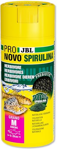 JBL PRONOVO SPIRULINA GRANO, Grünfuttergranulat für alle Aquarienfische von 8-20 cm, Fischfutter-Granulat, Klickdosierer, Größe M, 250 ml von JBL