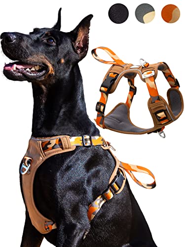 JC HOUSE No Pull Hundegeschirr mit 2 Leinenclips, verstellbares gepolstertes Air-Mesh-Geschirr, 3M-reflektierender und leicht zu kontrollierender Griff für große Hunde, Camouflage-Orange, XL von JC HOUSE