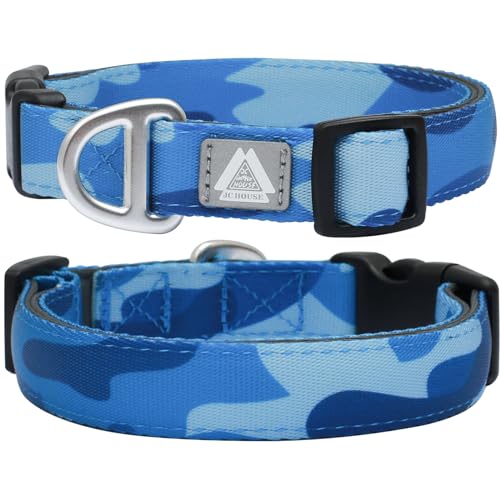 JC HOUSE Weich gepolstertes Hundehalsband, Halsumfang 22,9 - 35,6 cm, verstellbares, strapazierfähiges Halsband mit reflektierendem 3M-Logo für kleine Hunde, Camouflage-Blau, Größe S von JC HOUSE