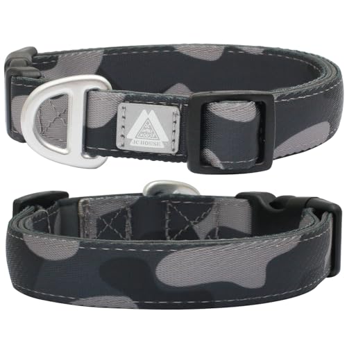 JC HOUSE Weich gepolstertes Hundehalsband, Halsumfang 22,9 - 35,6 cm, verstellbares, strapazierfähiges Halsband mit reflektierendem 3M-Logo für kleine Hunde, Camouflage-Dunkelgrau, Größe S von JC HOUSE