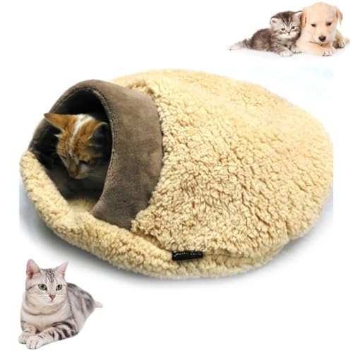 Katzenschlafsack, Katzen-Winterschlafsack für Hauskatzen, selbstwärmendes Katzenbett, halbgeschlossen, weicher Plüsch, großer Katzensack, überzogenes Katzenbett mit Höhle für Kätzchen, Welpen, Braun, von JCATPD