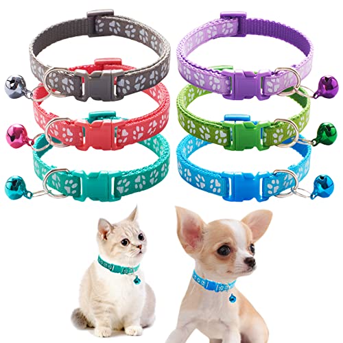 Jecikelon 6 Stück Welpenhalsbänder, verstellbares Welpenhalsband für kleine Haustiere, Polyester, Katzenhalsband mit Glöckchen, Basishalsband für kleine Hunde (klein, Pfote 3) von JECIKELON