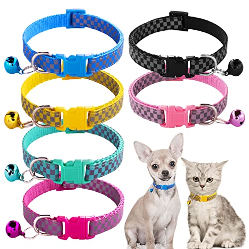 Jecikelon 6 Stück reflektierende Welpenhalsbänder, verstellbares Welpenhalsband für kleine Haustiere, Hunde, Polyester, Katzenhalsband mit Glocke, reflektierend, kariert) von JECIKELON