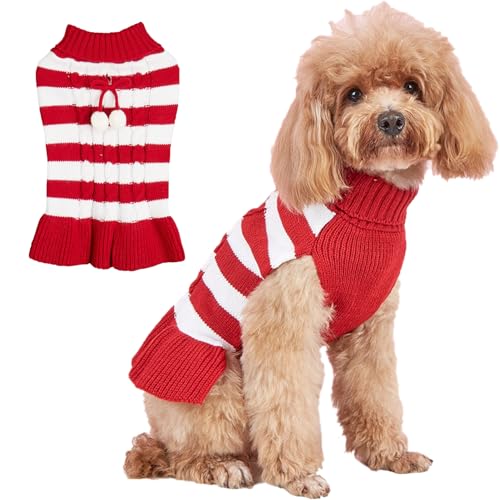 Jecikelon Gestreifter Hundepullover, Kleid, Strick, Rollkragen, Welpenkleidung, Winter, warm, Haustier-Strickwaren, Kleider für kleine Hunde und Katzen, Pullover-Outfits mit Bommelball (Rot, Größe S) von JECIKELON