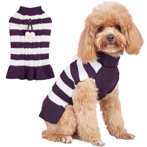 Jecikelon Gestreifter Hundepullover, Strickkleid, Rollkragen, Welpen, Winter, warm, Haustier-Strickwaren, Kleider für kleine Hunde und Katzen, Pullover-Outfits mit Bommelball (Größe M, Violett) von JECIKELON