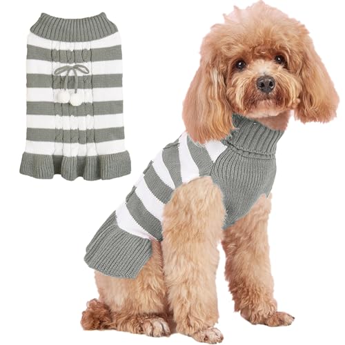 Jecikelon Gestreifter Hundepullover, Strickkleid, Rollkragen, Welpenkleidung, Winter, warm, Haustier-Strickwaren, Kleider für kleine Hunde und Katzen, Pullover-Outfits mit Bommelball (XS, Grau) von JECIKELON