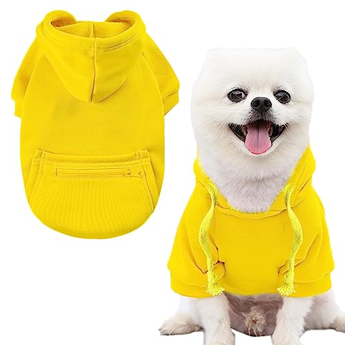 Jecikelon Haustier Hund Kaltwettermantel mit Tasche Winter Hund Hoodie Warme Welpenkleidung für kleine Hunde Chihuahua-Kleidung (Größe S, Y02-Gelb) von JECIKELON