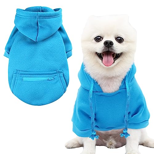 Jecikelon Haustiermantel für kaltes Wetter, mit Tasche, Winter-Kapuzenpullover, warme Welpenkleidung für kleine Hunde, Chihuahua-Kleidung (Größe M, Y02-Blau) von JECIKELON