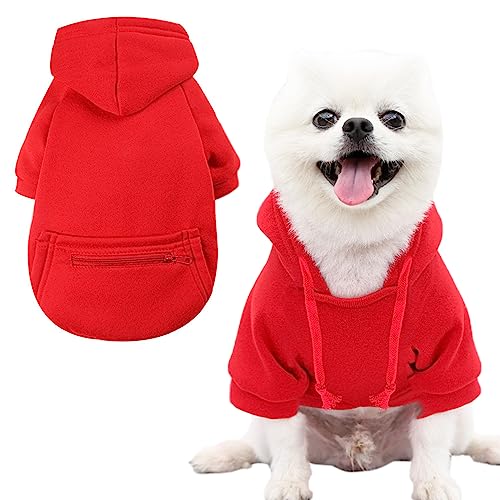 Jecikelon Haustiermantel für kaltes Wetter, mit Tasche, Winter-Kapuzenpullover, warme Welpenkleidung für kleine Hunde, Chihuahua-Kleidung (Größe S, Y02-Rot) von JECIKELON