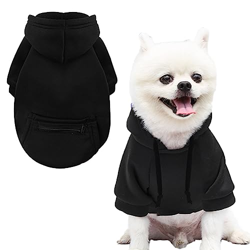 Jecikelon Haustiermantel für kaltes Wetter, mit Tasche, Winter-Kapuzenpullover, warme Welpenkleidung für kleine Hunde, Chihuahua-Kleidung (Größe S, Y02-Schwarz) von JECIKELON