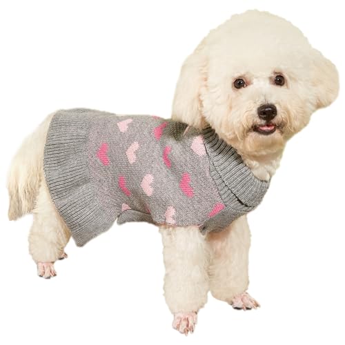 Jecikelon Herz-Hundepullover, Kleid, Valentinstag, Welpenkleidung, Strick, Rollkragen, Haustier-Outfits, warm, für Hunde und Katzen, Winterpullover für kleine Hunde und Mädchen (Größe XS, Grau) von JECIKELON