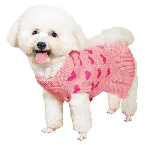 Jecikelon Herz-Hundepullover, Kleid, Valentinstag, Welpenkleidung, Strick, Rollkragen, Haustier-Outfits, warmer Winterpullover für kleine Hunde, Mädchen (Größe M, Rosa) von JECIKELON