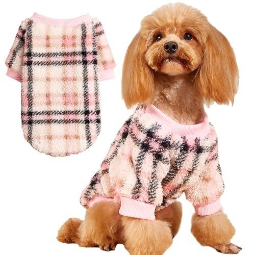 Jecikelon Hundepullover, kariert, warm, Winterkleidung für kleine Hunde, gemütlich, weich, Hundepullover, Outfit, Katzenkleidung, Größe L, Rosa von JECIKELON