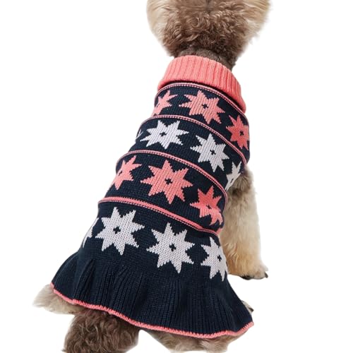 Jecikelon Hundepullover für kleine Hunde, Kleid mit Schneeflocke, Strickware, Rollkragenpullover, Hundekleidung, warm, Winter, Welpenpullover, lange Kleider (Marineblau, Größe S) von JECIKELON