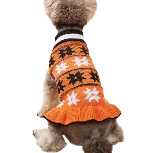 Jecikelon Hundepullover für kleine Hunde, Kleid mit Schnee, Strickwaren, Rollkragenpullover, Hundekleidung, warmer Winter-Welpenpullover, lange Kleider (Orange, Größe M) von JECIKELON