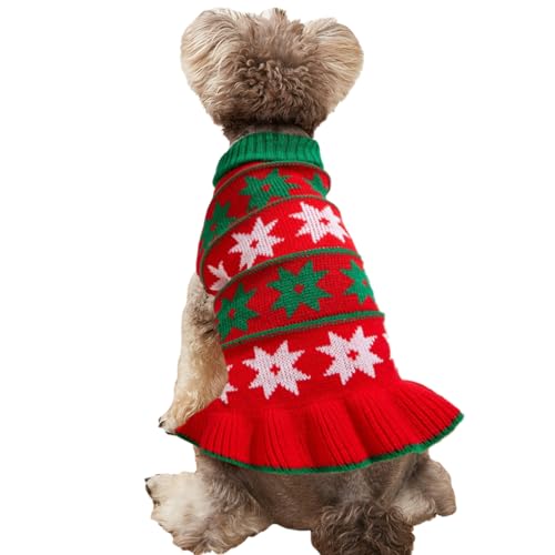 Jecikelon Hundepullover für kleine Hunde, Kleid mit Schneeflocke, Strickware, Rollkragenpullover, Hundekleidung, warmer Winterwelpenpullover, lange Kleider (Rot, Größe M) von JECIKELON