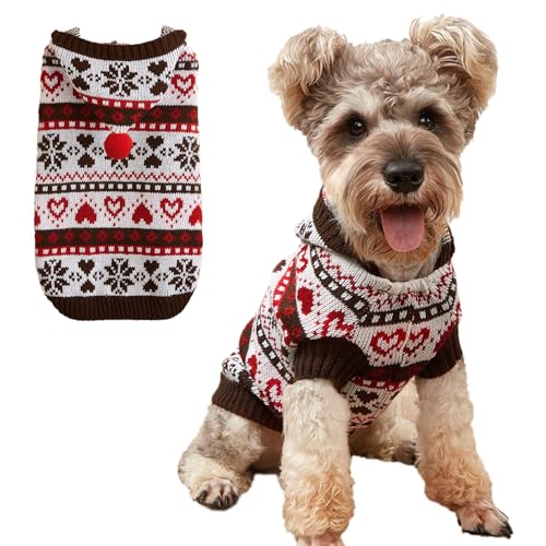 Jecikelon Hundepullover mit Herzmotiv, warm, für kleine Hunde, Weihnachten, Katzen, Haustier, Wintermantel, Strickwaren (Größe S, Braun) von JECIKELON