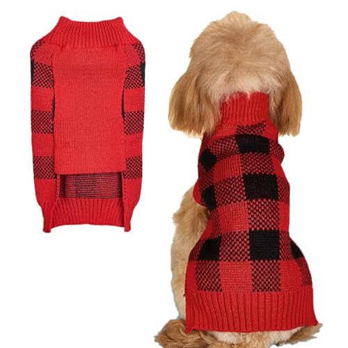 Jecikelon Hundepullover mit Karomuster, warme Welpenbekleidung für kleine Hunde, Strickwaren, Haustier-, Katzen-, Winter-Outfit, kaltes Wetter, Hundekleidung (groß, rot) von JECIKELON