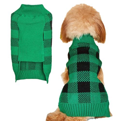 Jecikelon Hundepullover mit Karomuster, warme Welpenbekleidung für kleine Hunde, Strickwaren, Haustier-/Katzen-Winter-Outfit, kaltes Wetter, Hundebekleidung (Größe S, Grün) von JECIKELON