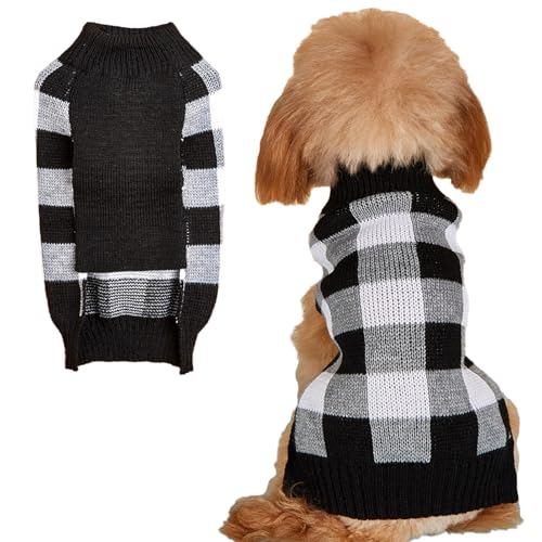 Jecikelon Hundepullover mit Karomuster, warme Welpenbekleidung für kleine Hunde, Strickwaren, Haustier-/Katzen-Winter-Outfit, kaltes Wetter, Hundekleidung (Größe XS, Schwarz) von JECIKELON