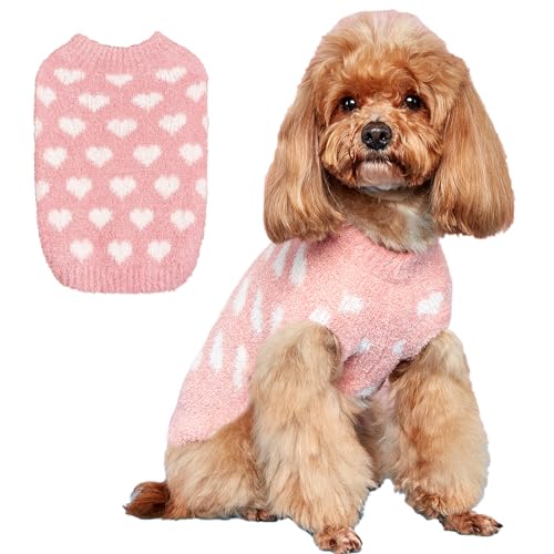 Jecikelon Hundepullover mit süßem Herz, weiches Mohair-Strick, Welpenbekleidung, bequem, warm, Haustier-Winter-Outfits, Strickwaren, Pullover für kleine Hunde und Katzen, Größe L, Rosa von JECIKELON