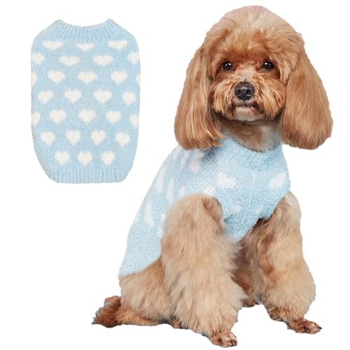 Jecikelon Hundepullover mit süßem Herz, weiches Mohair-Strick, Welpenbekleidung, bequem, warm, Haustier-Winter-Outfits, Strickwaren, Pullover für kleine Hunde und Katzen (Größe S, Blau) von JECIKELON