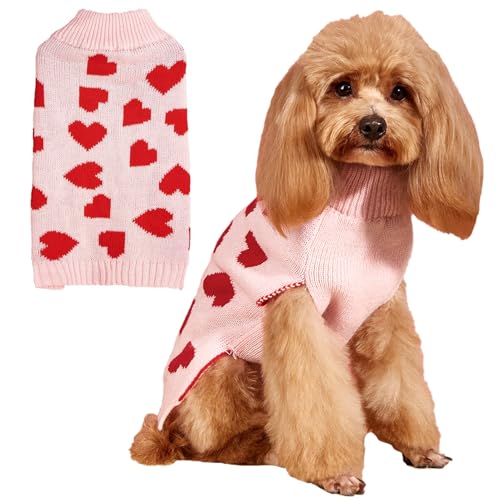 Jecikelon Hundepullover zum Valentinstag, Herzmuster, warm, für Welpen, Winterkleidung für kleine Hunde, weiche Haustier-Outfits, Hunde- und Katzenbekleidung (Größe S, Rosa) von JECIKELON