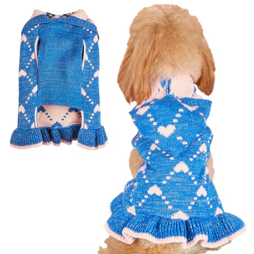 Jecikelon Pullover für kleine Hunde, Hoodies, Kleid, Winter, gestrickt, niedlich, Herzform, Welpenkleidung für Hunde und Katzen, weich, warm, Haustier-Outfits mit Loch für die Leine (Größe M, Blau) von JECIKELON