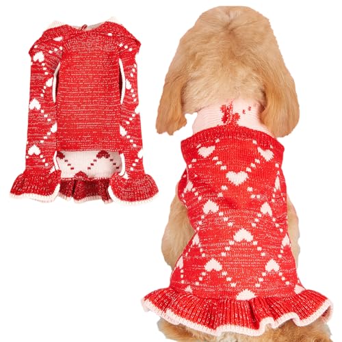 Jecikelon Pullover für kleine Hunde, Hoodies, Kleid, Winter, gestrickt, niedlich, Herzform, Welpenkleidung für Hunde und Katzen, weich, warm, Haustier-Outfits mit Loch für die Leine (Größe XS, Rot) von JECIKELON