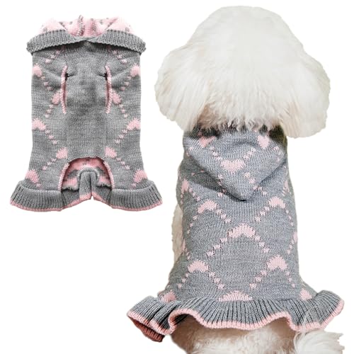 Jecikelon Pullover für kleine Hunde, Hoodies, Kleid, Winter, gestrickt, niedlich, Herzform, Welpenkleidung für Hunde und Katzen, weich, warm, Haustier-Outfits mit Loch für die Leine (Größe XS, Grau) von JECIKELON