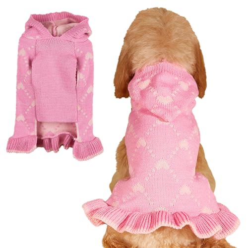 Jecikelon Pullover für kleine Hunde, Hoodies, Kleid, Winter, gestrickt, niedlich, Herzform, Welpenkleidung für Hunde und Katzen, weich, warm, Haustier-Outfits mit Loch für die Leine (Größe XS, Rosa) von JECIKELON