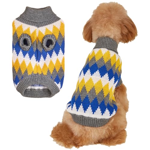 Jecikelon Rollkragen-Strick-Hundepullover, bunt, geometrisch, Winterkleidung für kleine Hunde, warm, weich, Haustier-Welpen, Welpen, Katzen, Kleidung (groß, gelb) von JECIKELON