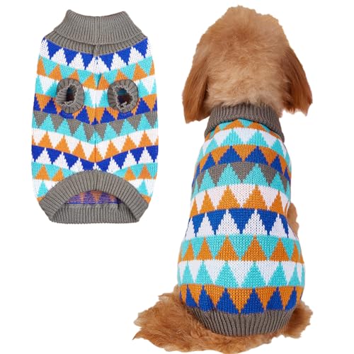 Jecikelon Rollkragenpullover, gestrickt, bunt, geometrisch, Winter-Hundekleidung für kleine Hunde, warm, weich, Haustier-Welpen, Welpen, Welpen, Katzen, Kleidung (Größe M, blau) von JECIKELON