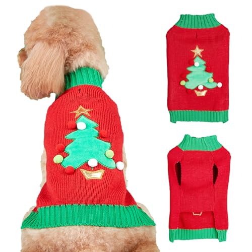 Jecikelon Strick-Welpenpullover für kleine Hunde, Winter-Hundekleidung, Weihnachtsbaum, weich, warm, Haustier-Strickwaren, Outfits, Pullover, Hunde-Katzen-Kleidung mit Loch für die Leine (Größe XS, von JECIKELON