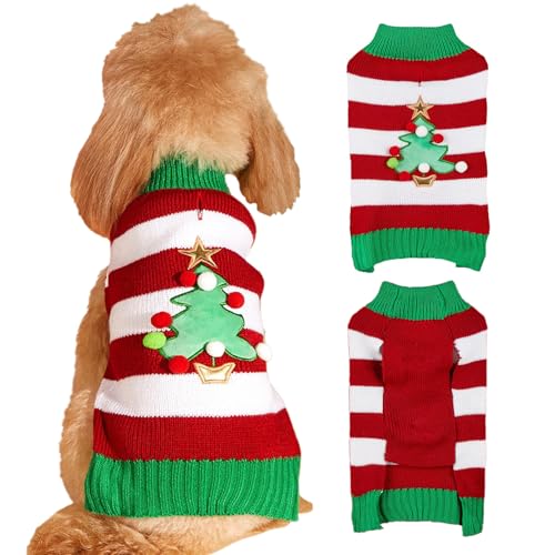 Jecikelon Strickpullover für kleine Hunde, Winter-Hundekleidung, Weihnachtsbaum, weich, warm, Haustier-Strickwaren, Outfits, Pullover, Hunde-Katzen-Kleidung mit Loch für die Leine (Größe S, Streifen) von JECIKELON