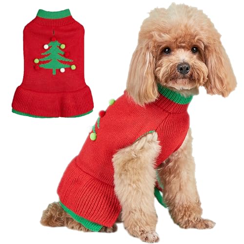 Jecikelon Weihnachtliches Hundepullover mit Loch für die Leine, gestrickt, Welpen-Kleidung für kleine Hunde, Winter, warm, Haustier-Outfits, weiche Hunde-Katzen-Kleidung (Größe M, Baum) von JECIKELON